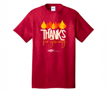 Red T-shirt printed with Thanks for giving